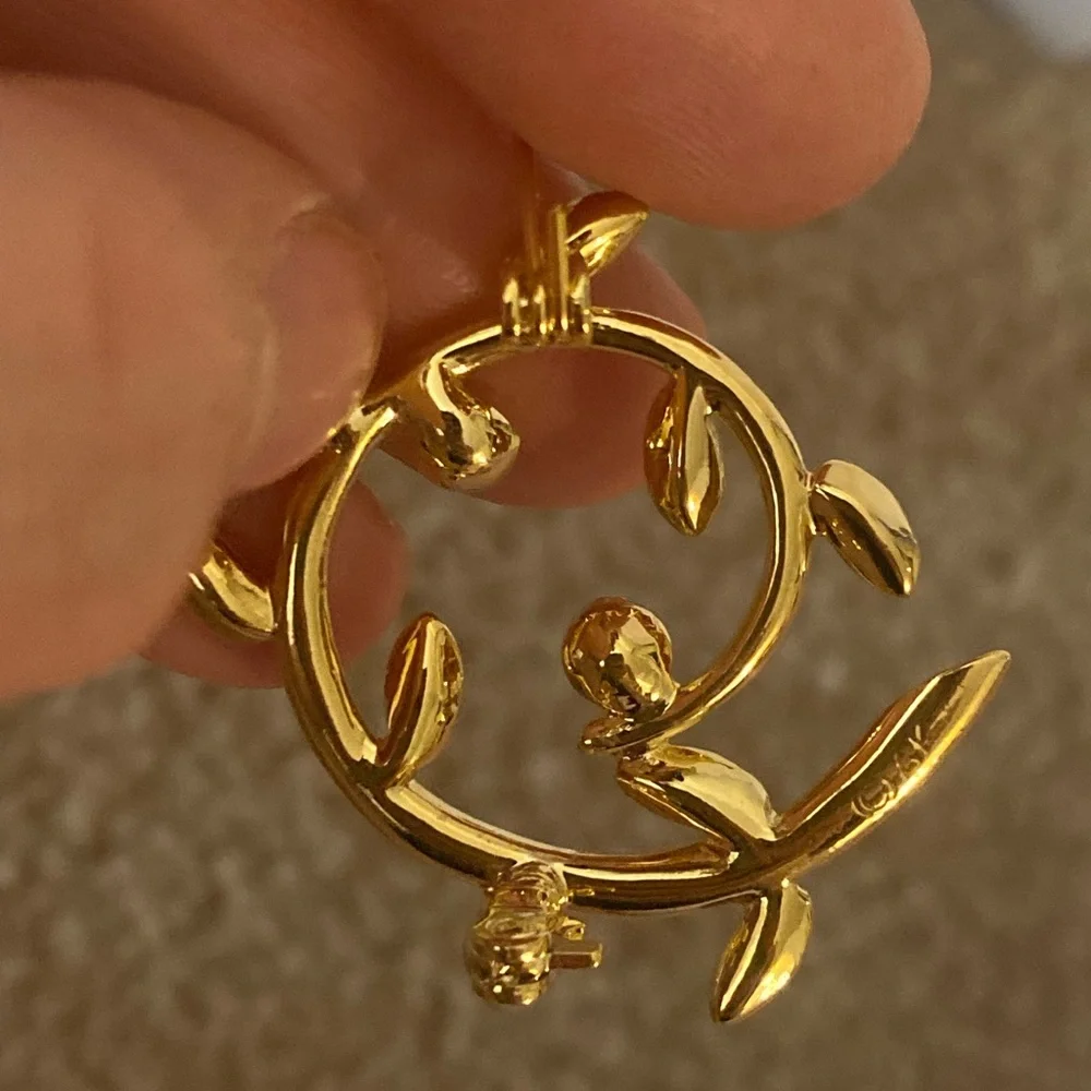 Anne Klein Brooch Pin vintage signed AK Gold Tone Swirl Leaf Branch Rhinestones